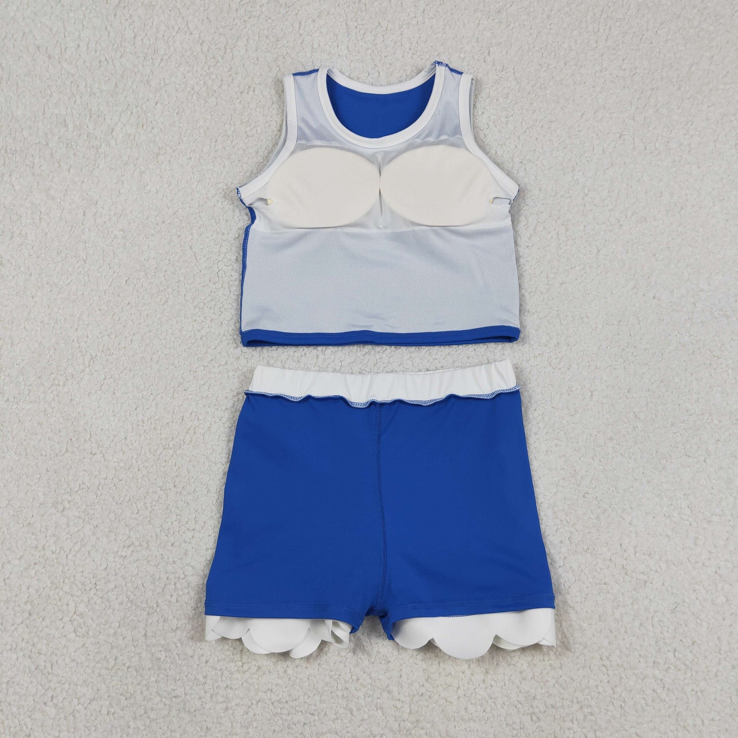 RTS NO MOQ yoga fabric cotton GSD4023 Yoga Baby Girls Cute Hot Blue Sleeveless Vest Scallop Skirt Short Set