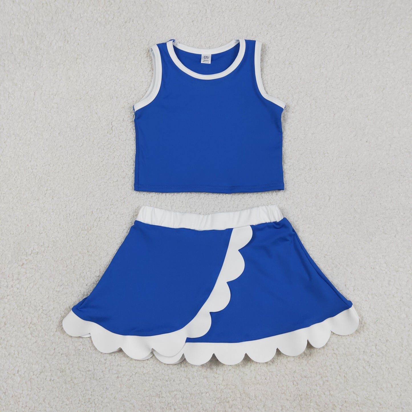 RTS NO MOQ yoga fabric cotton GSD4023 Yoga Baby Girls Cute Hot Blue Sleeveless Vest Scallop Skirt Short Set