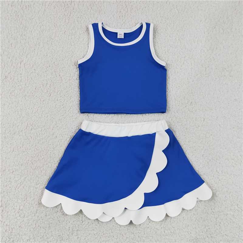 RTS NO MOQ Sibling yoga fabric Baby Girls Sleeveless Vest Scallop Skirt Short Yoga Active  Set