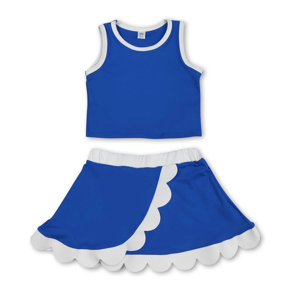 RTS NO MOQ Sibling yoga fabric cotton Baby Girls Blue White Contrast Trim Sleeveless Summer Outfit Skort Shorts Wrap And A Line Dress