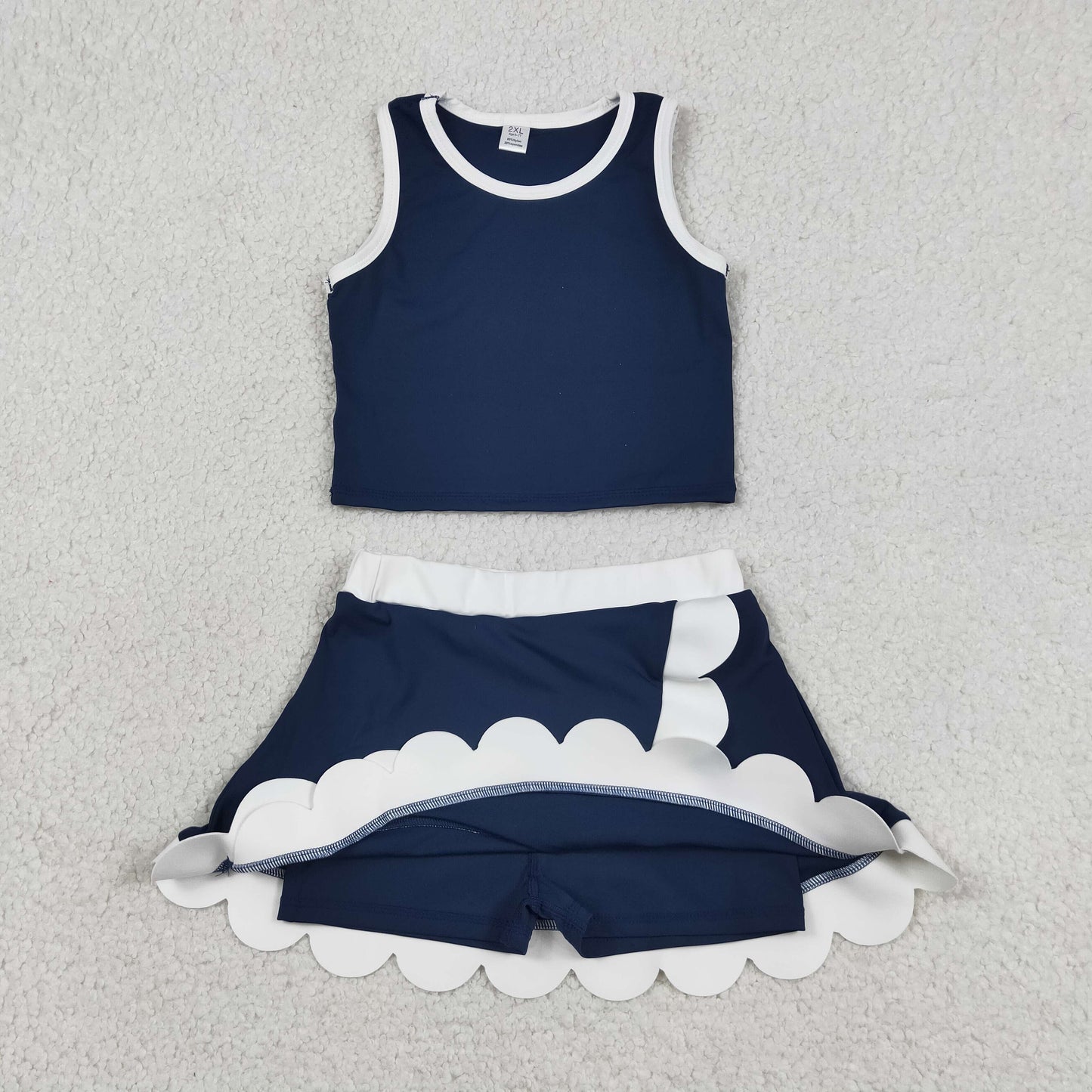 RTS NO MOQ yoga fabric cotton GSD4024 Baby Girls Sleeveless Navy White Scallop Skirt Yoga Active Outfit Set