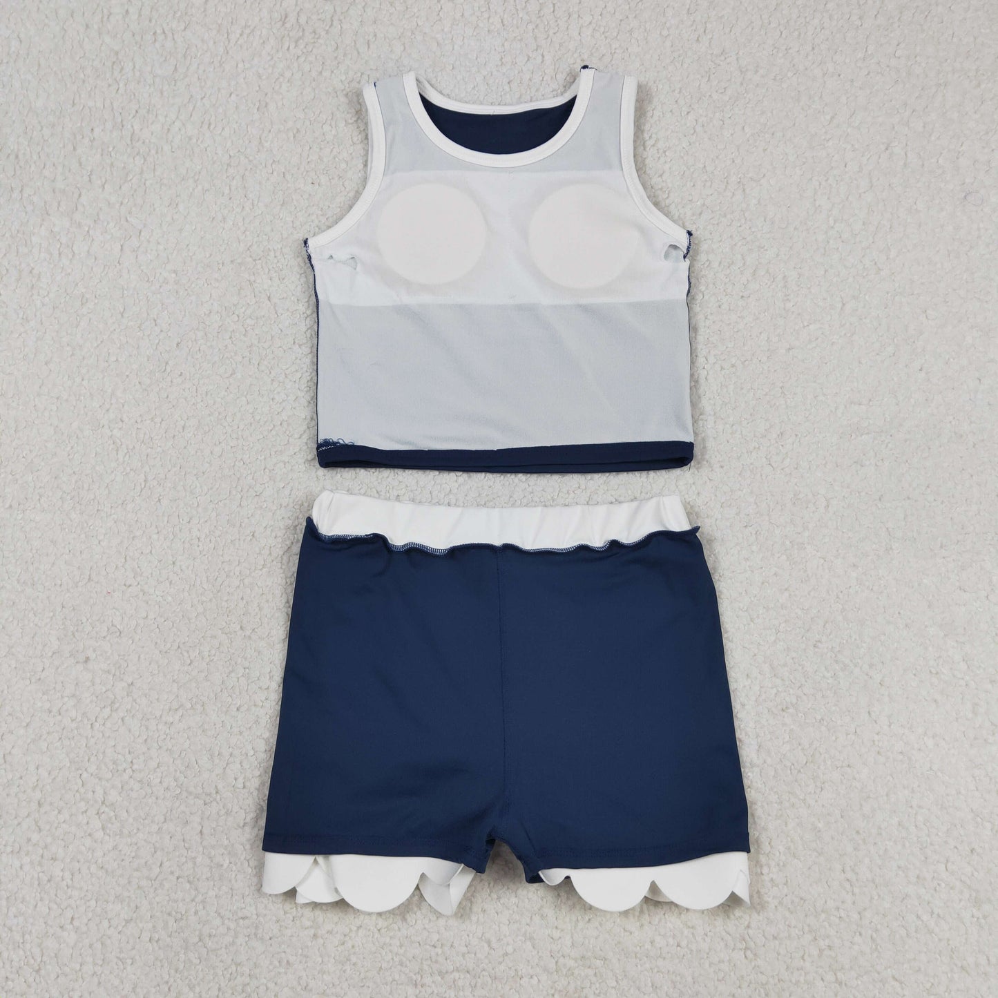 RTS NO MOQ yoga fabric cotton GSD4024 Baby Girls Sleeveless Navy White Scallop Skirt Yoga Active Outfit Set