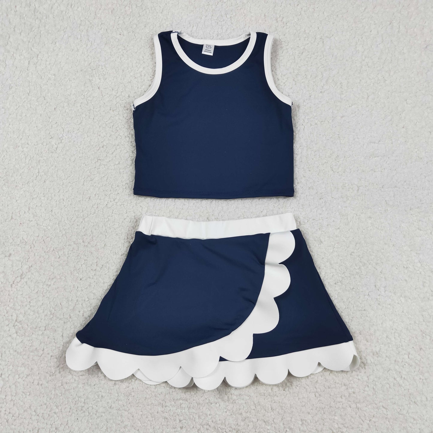 RTS NO MOQ yoga fabric cotton GSD4024 Baby Girls Sleeveless Navy White Scallop Skirt Yoga Active Outfit Set