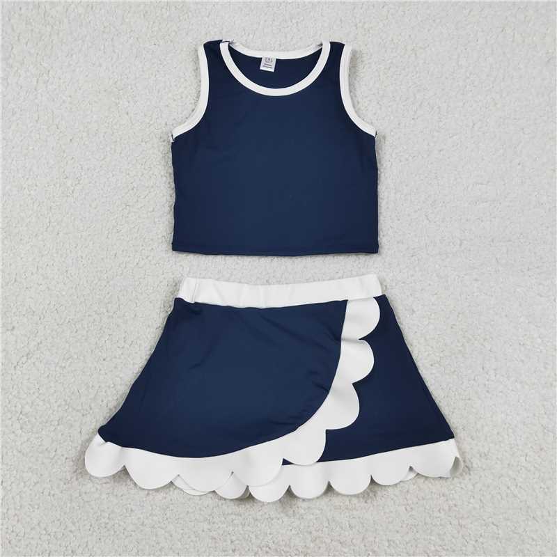 RTS NO MOQ Sibling yoga fabric Baby Girls Sleeveless Vest Scallop Skirt Short Yoga Active  Set