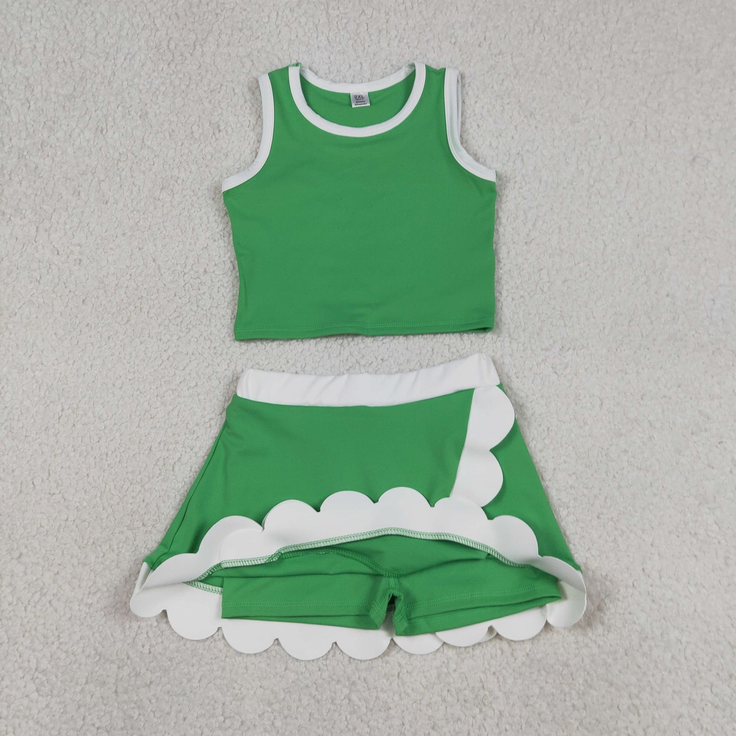 RTS NO MOQ yoga fabric cotton GSD4025 Girls Green Scallop Edge Sleeveless Vest Yoga Casual Outfit Set