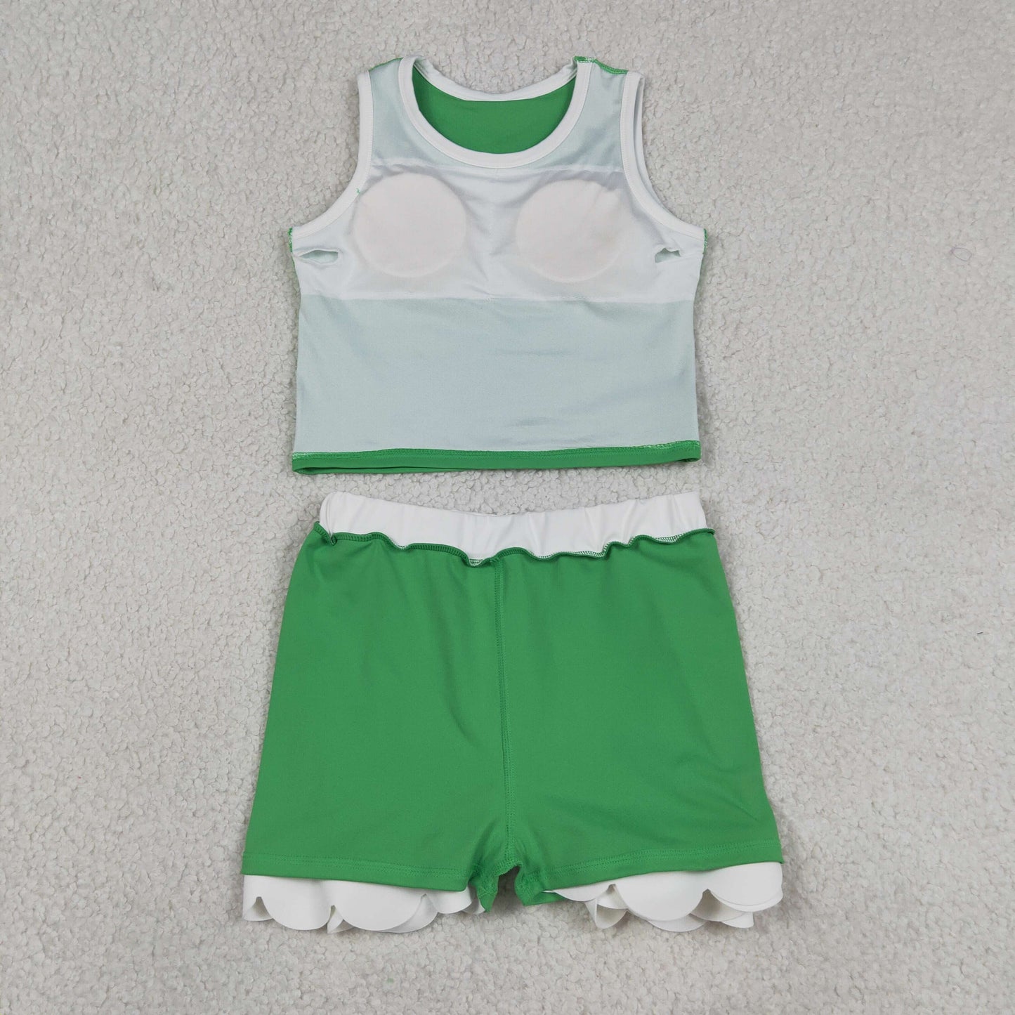 RTS NO MOQ yoga fabric cotton GSD4025 Yoga Baby Girls Cute Sleeveless Green Vest Scallop Skirt Yoga Set