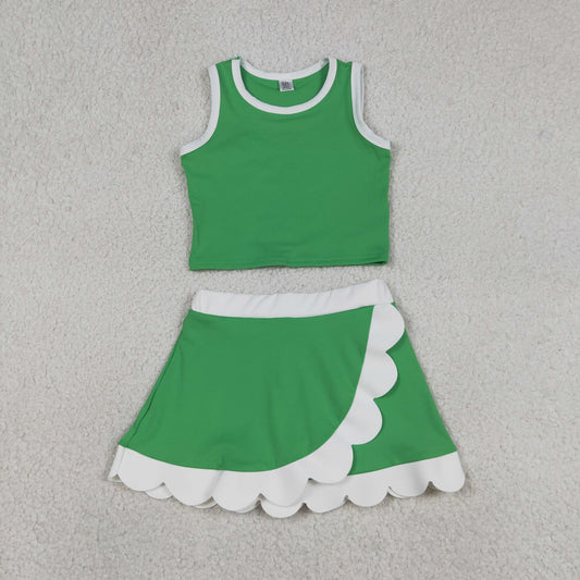 RTS NO MOQ yoga fabric cotton GSD4025 Yoga Baby Girls Cute Sleeveless Green Vest Scallop Skirt Yoga Set