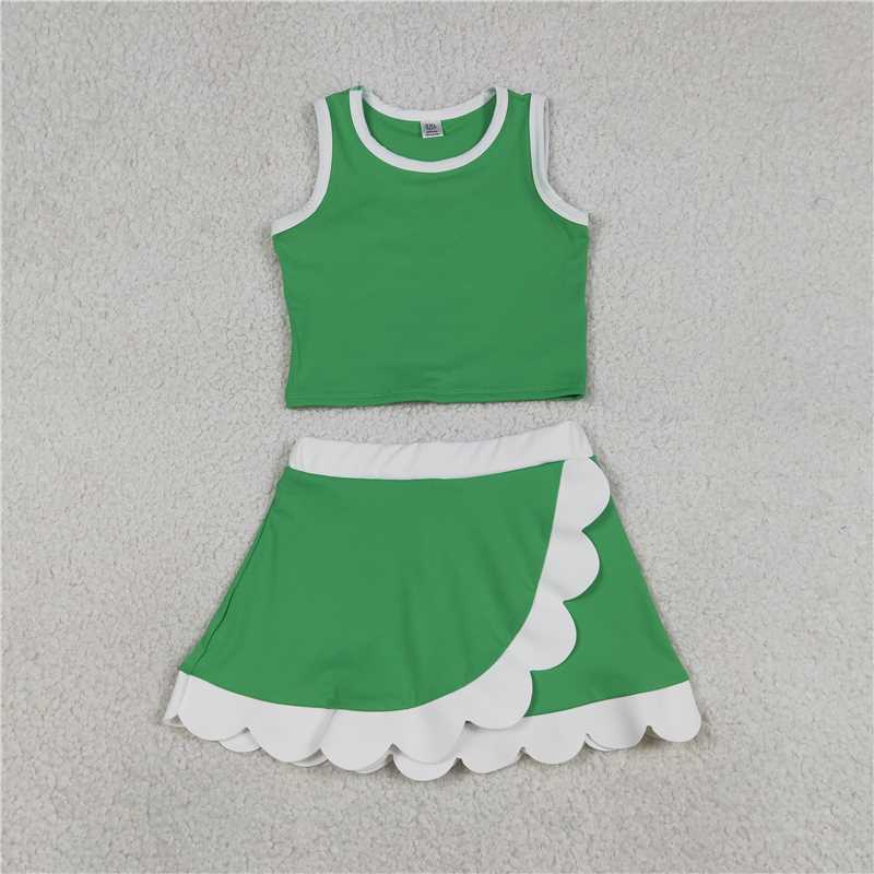 RTS NO MOQ Sibling yoga fabric Baby Girls Sleeveless Vest Scallop Skirt Short Yoga Active  Set