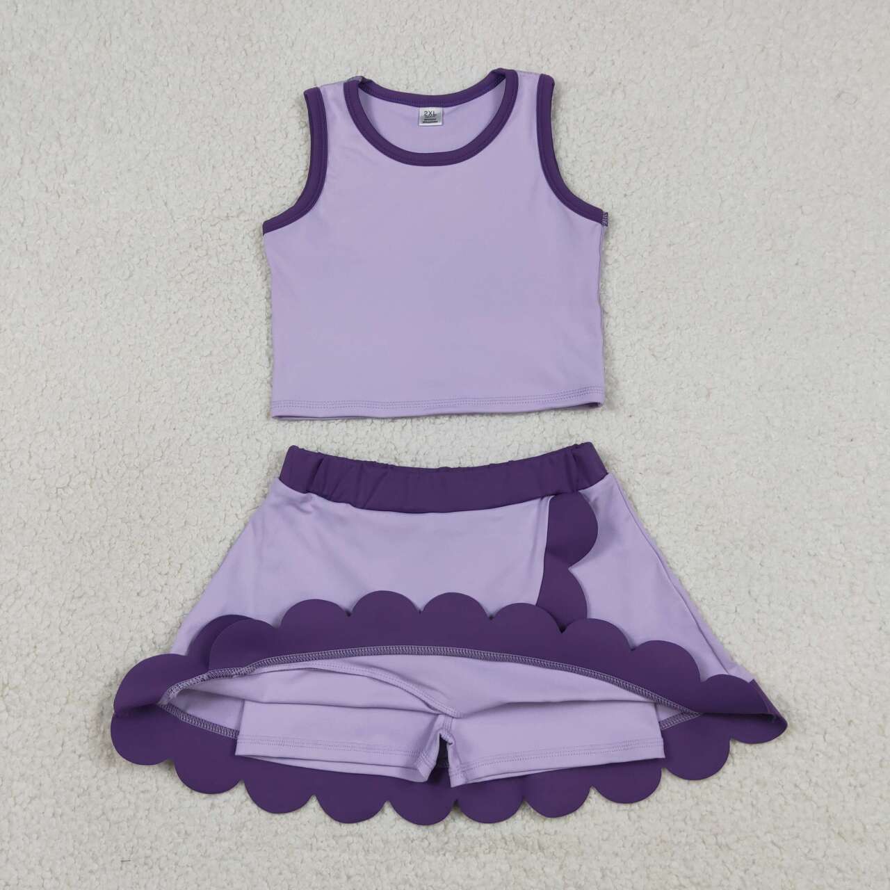 RTS NO MOQ yoga fabric cotton GSD4026 Toddler Girls Purple Sleeveless Vest Scallop Hem Skort Two Piece Set