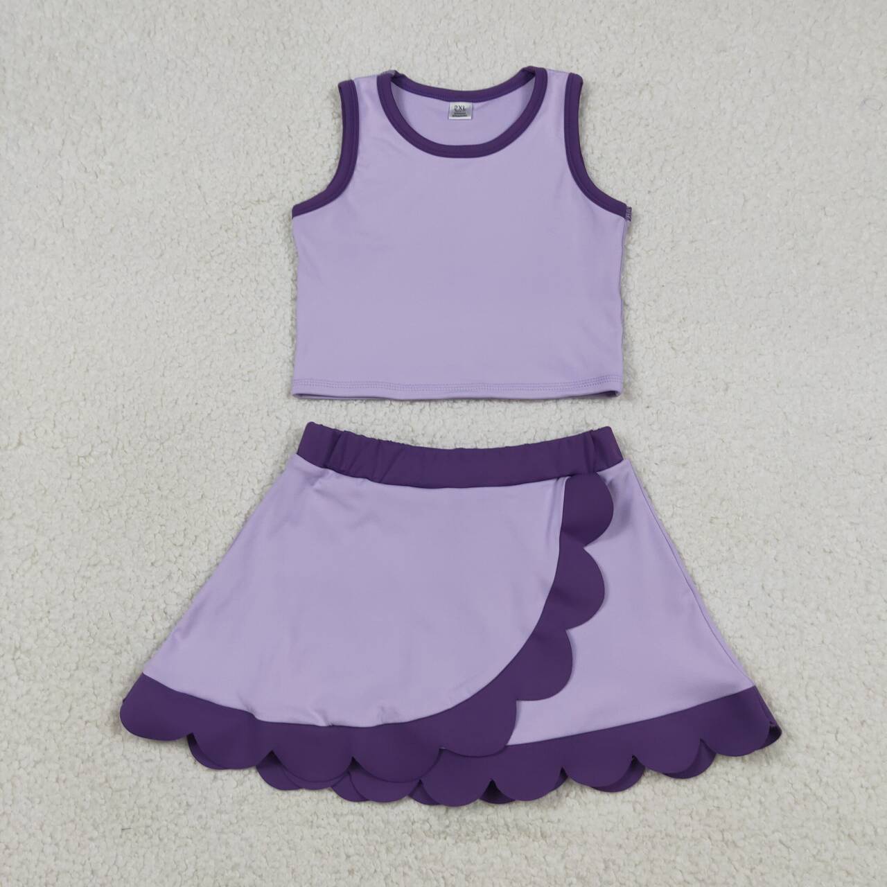 RTS NO MOQ yoga fabric cotton GSD4026 Toddler Girls Purple Sleeveless Vest Scallop Hem Skort Two Piece Set