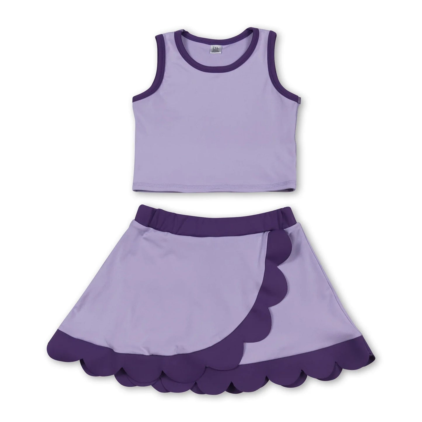 RTS NO MOQ Sibling milk silk Baby Girls Solid Sleeveless Vest Top Scallop Hem Mini Skirt Two Piece Yoga Active Matching Clothes Set