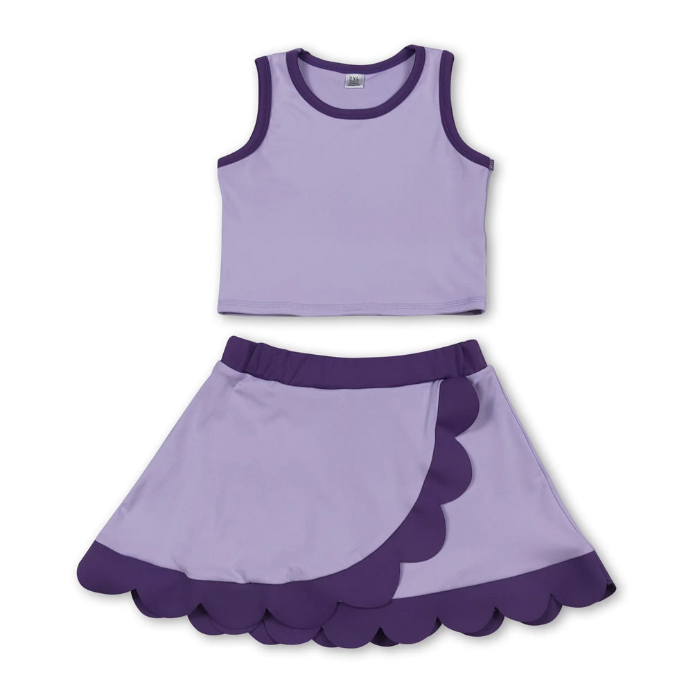 RTS NO MOQ Sibling cotton Baby Girls Purple Sleeveless Vest Scallop Skirt Yoga Active Set Short Knee Length Dress