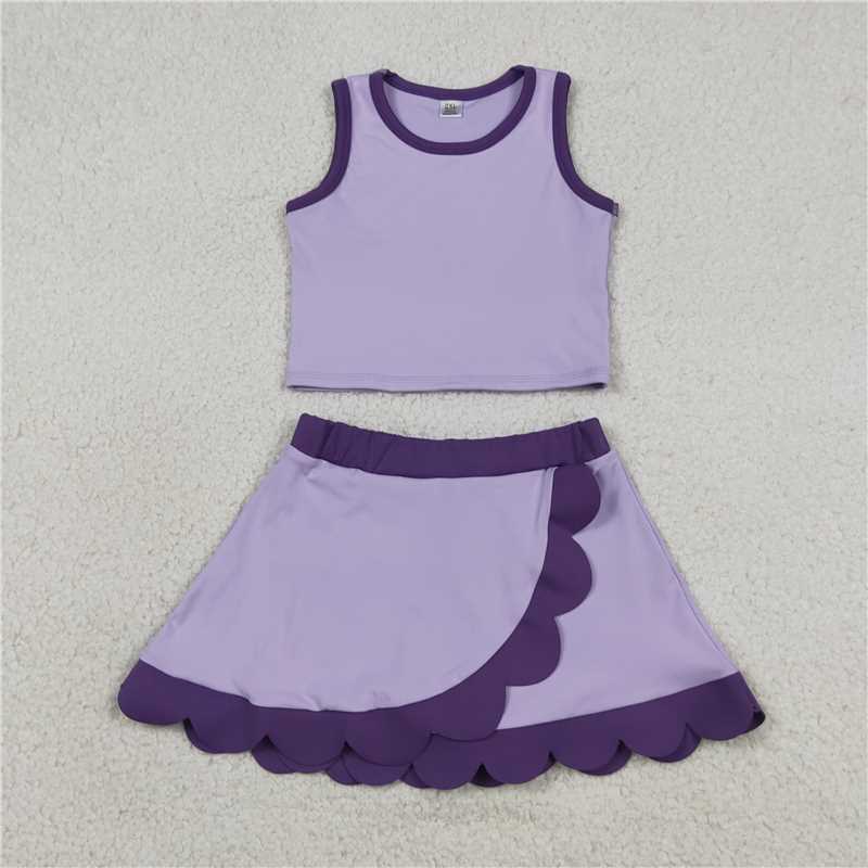 RTS NO MOQ Sibling yoga fabric Baby Girls Sleeveless Vest Scallop Skirt Short Yoga Active  Set