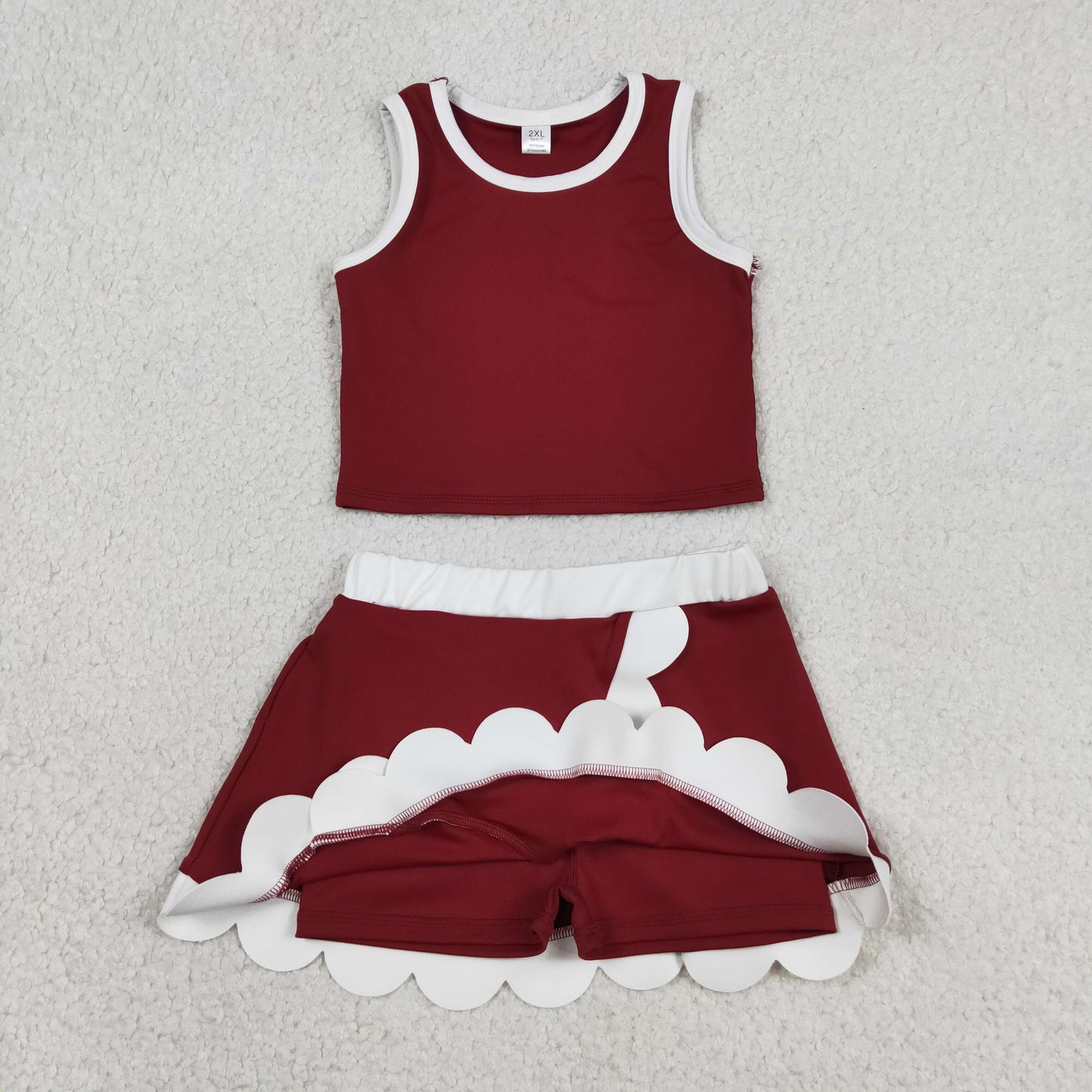 RTS NO MOQ GSD4027 yoga fabric Kids Girls Dark Red Scallop Sleeveless Vest Yoga Skirt Clothes Set
