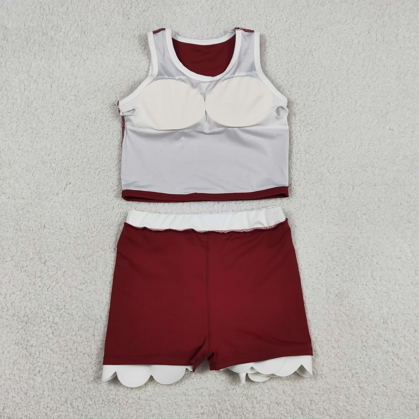 RTS NO MOQ yoga fabric cotton GSD4027 Yoga Baby Girls Sleeveless Dark Red Scallop Edge Vest And Skirt Set Short Yoga Active Children's Outfit