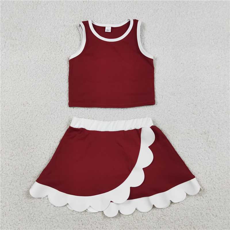 RTS NO MOQ Sibling yoga fabric Baby Girls Sleeveless Vest Scallop Skirt Short Yoga Active  Set