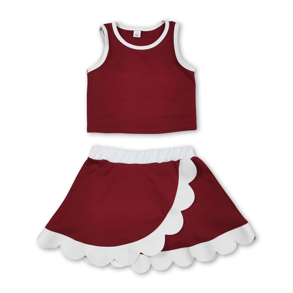 RTS NO MOQ Sibling yoga fabric cotton Baby Girls Maroon White Trim Sleeveless Tank Top Skort Set Bow Strap Sleeveless Tank Short Set