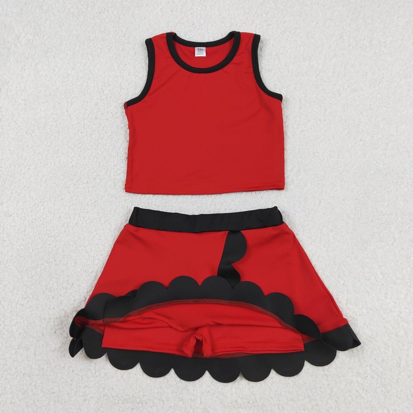 RTS NO MOQ yoga fabric cotton GSD4028 Baby Girls Red Black Scallop Edge Sleeveless Vest Skirt Set
