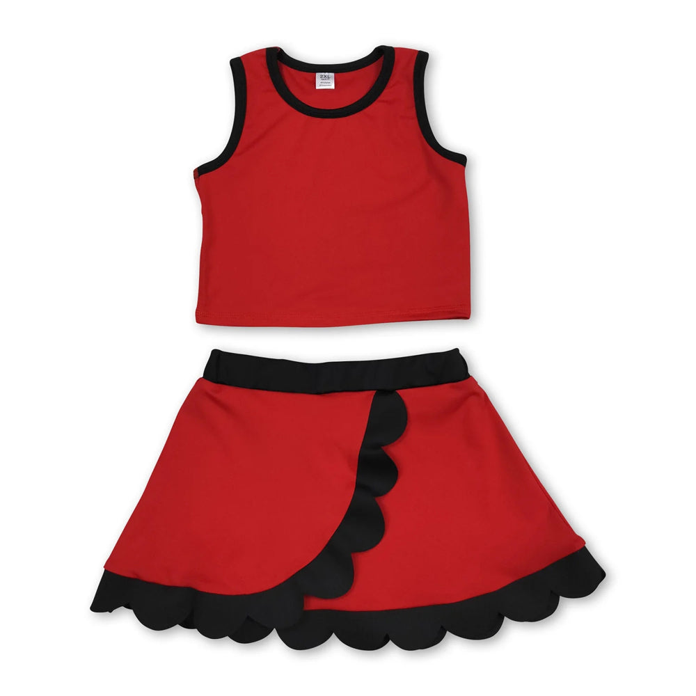 RTS NO MOQ Sibling yoga fabric cotton Baby Girls Red Black Contrast Trim Sleeveless Summer Outfit Skort Shorts Wrap And A Line Dress