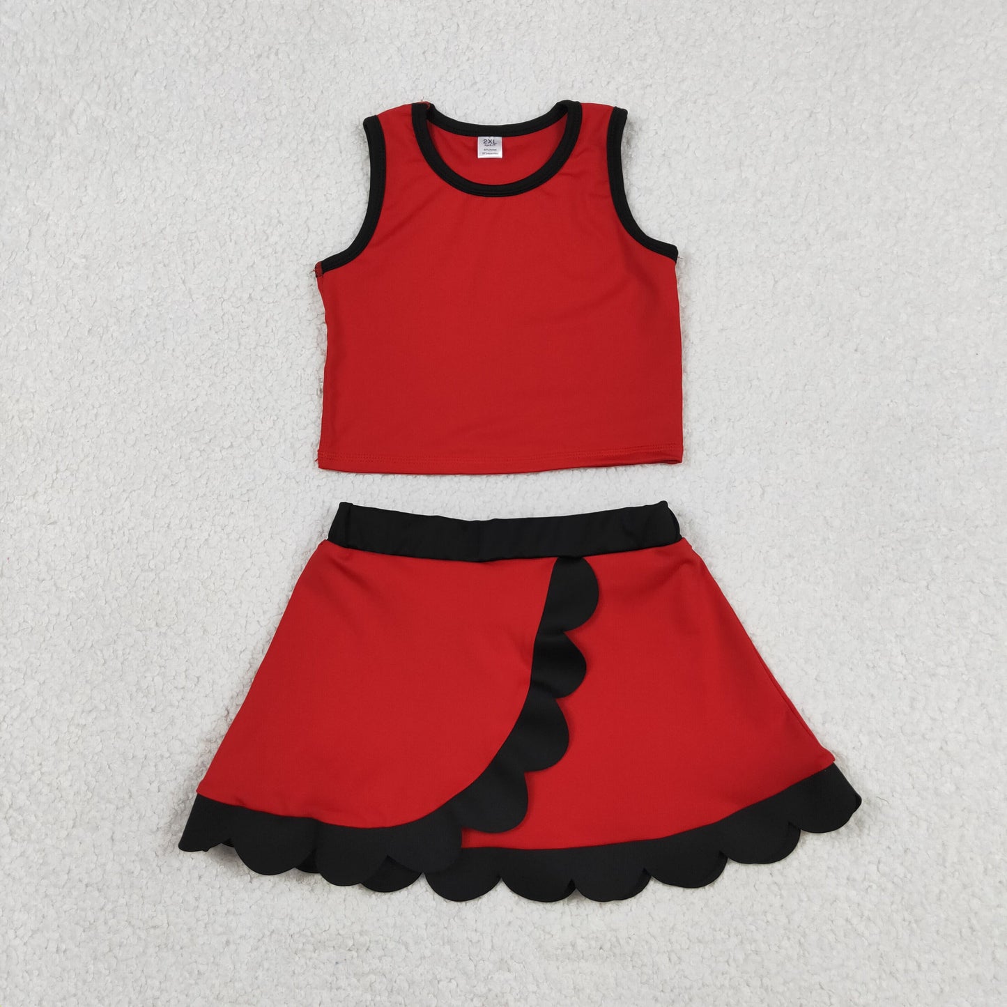 RTS NO MOQ yoga fabric cotton GSD4028 Baby Girls Red Black Scallop Edge Sleeveless Vest Skirt Set
