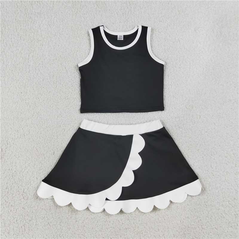 RTS NO MOQ Sibling yoga fabric Baby Girls Sleeveless Vest Scallop Skirt Short Yoga Active  Set