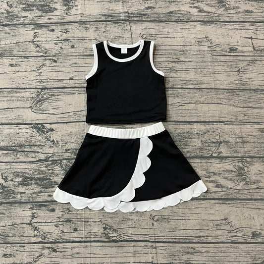 (Pre Order) No moq GSD4029 Toddler Girls Black Sleeveless Vest Scallop Hem Skort Sport Two Piece Set