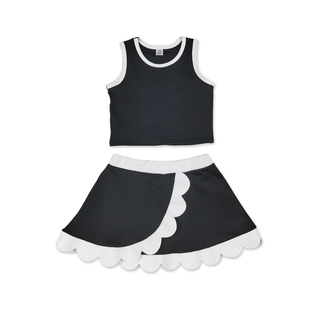 RTS NO MOQ Sibling cotton Baby Girls Black White Contrast Trim Sleeveless Summer Outfit Skort Shorts Wrap And A Line Dress