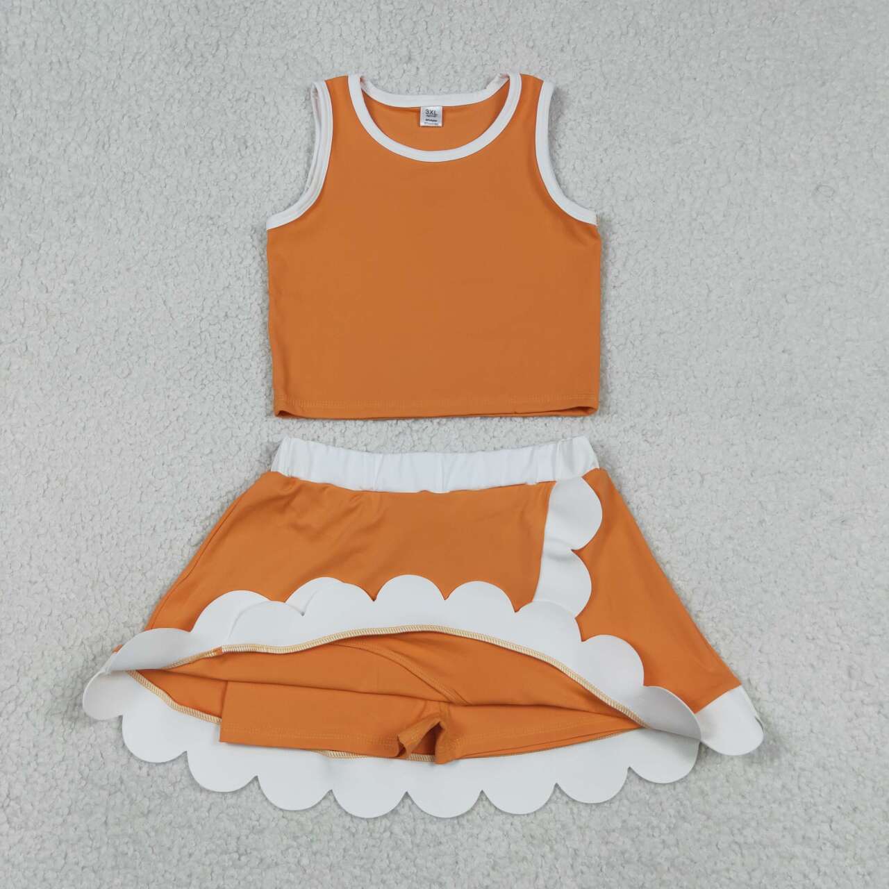 RTS NO MOQ yoga fabric cotton GSD4033 Toddler Girls Orange White Sleeveless Vest Scallop Hem Skort Two Piece Set