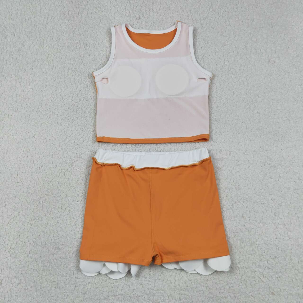 RTS NO MOQ yoga fabric cotton GSD4033 Toddler Girls Orange White Sleeveless Vest Scallop Hem Skort Two Piece Set