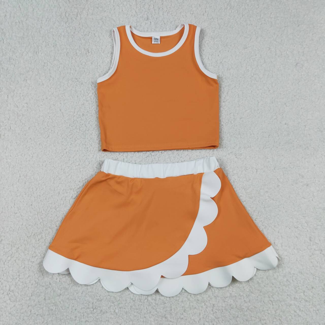 RTS NO MOQ yoga fabric cotton GSD4033 Toddler Girls Orange White Sleeveless Vest Scallop Hem Skort Two Piece Set