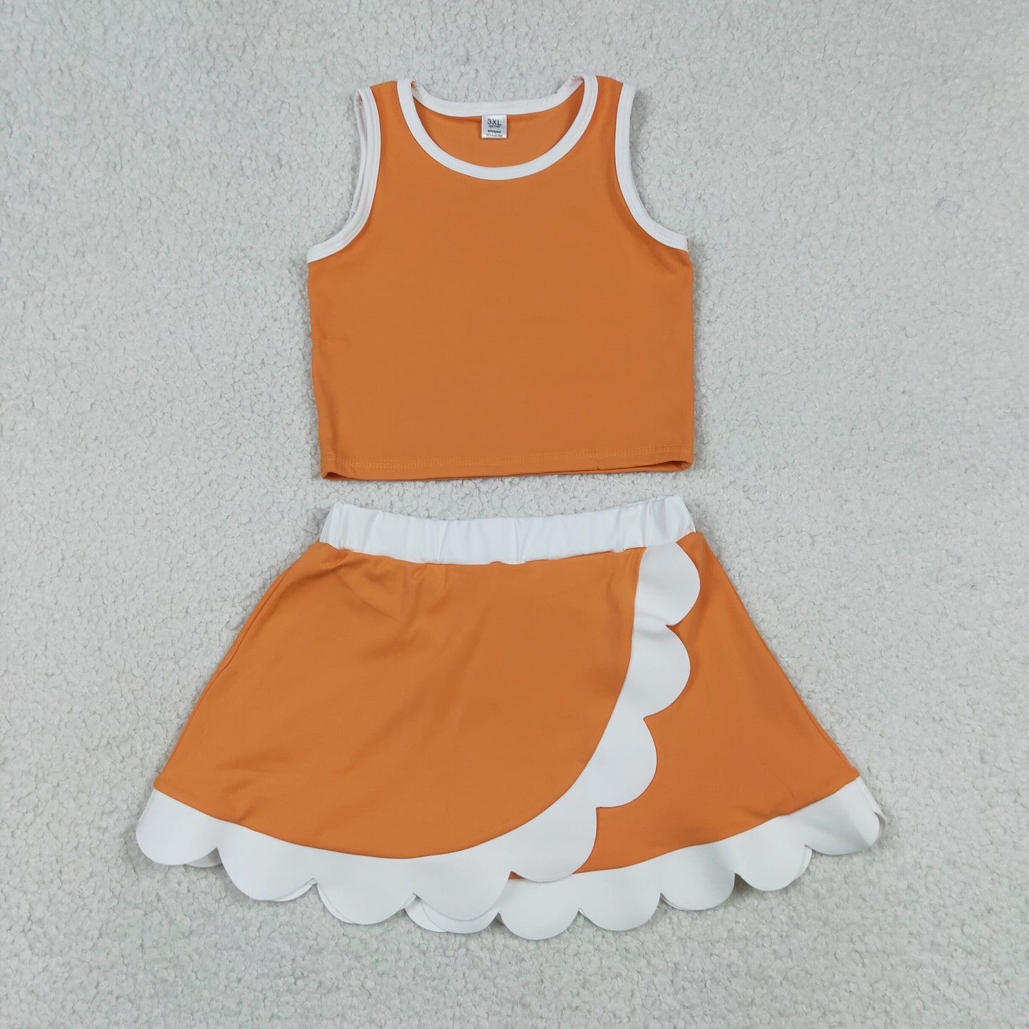 RTS NO MOQ yoga fabric cotton GSD4033  Yoga Toddler Girls Orange  Vest Scallop Skirt Short Yoga Sports Outfit