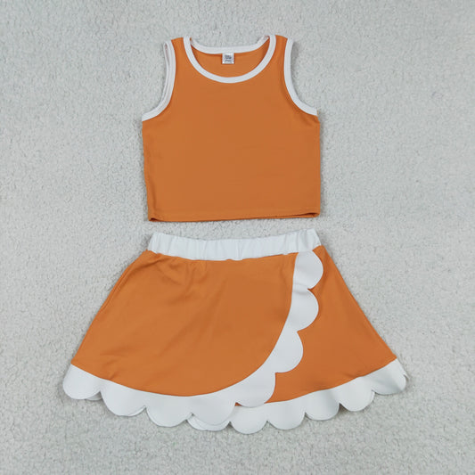 RTS NO MOQ yoga fabric cotton GSD4033  Yoga Toddler Girls Orange  Vest Scallop Skirt Short Yoga Sports Outfit