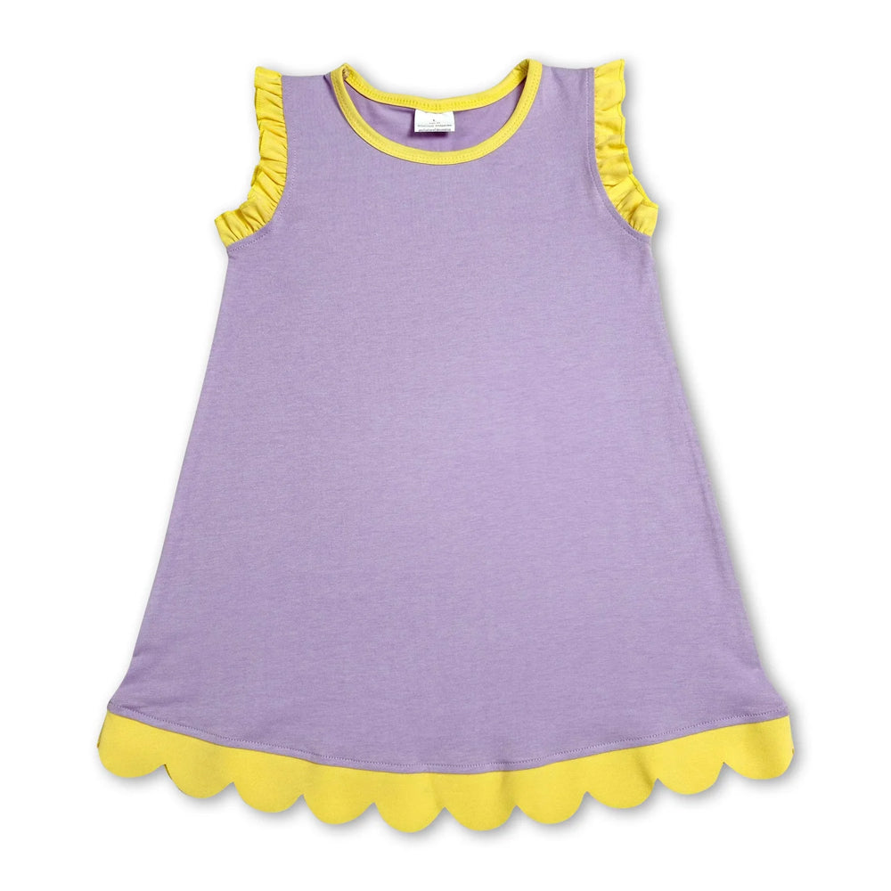 RTS NO MOQ Sibling cotton Baby Girls Solid Sleeveless Scallop Trim Knee Length Casual Summer Dress