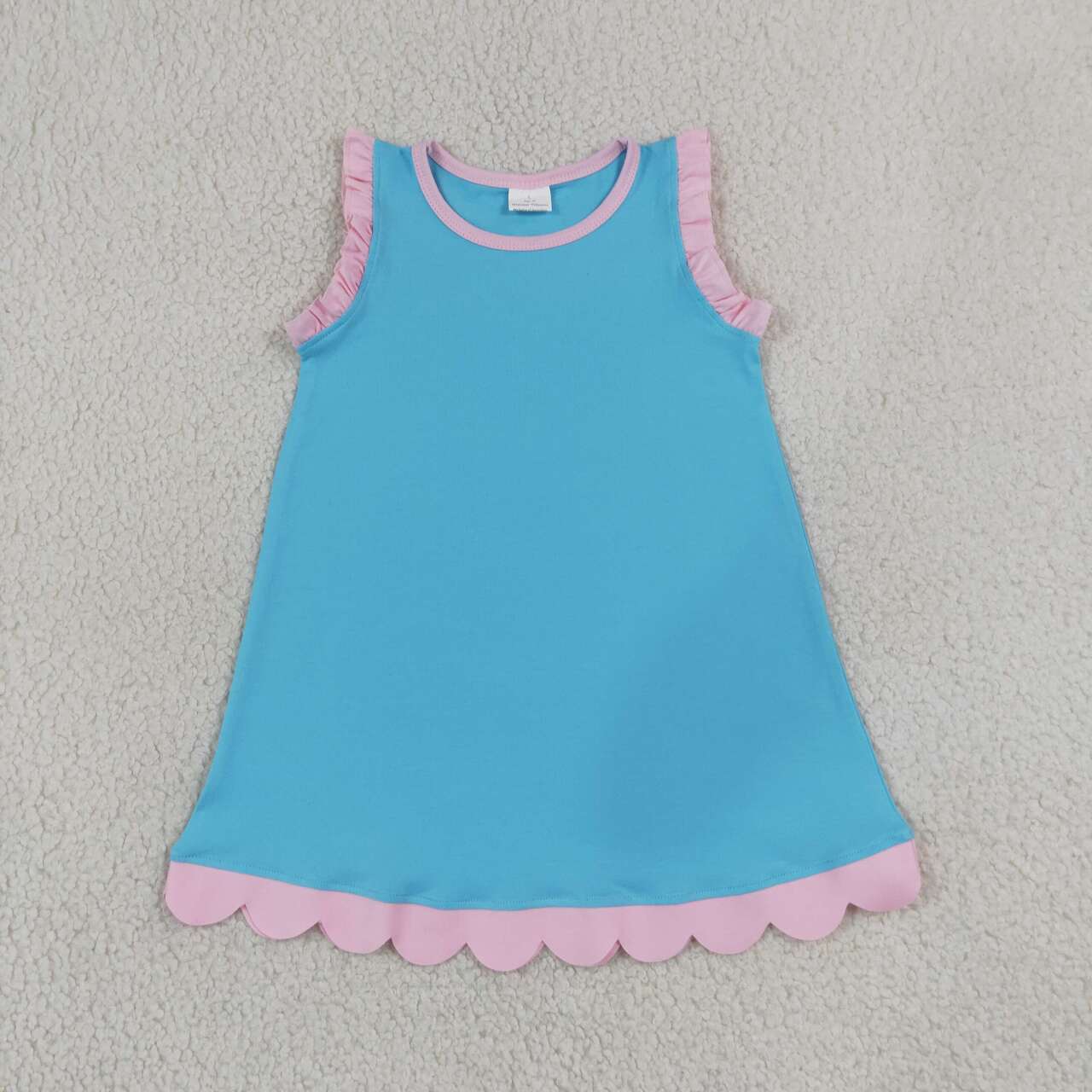 NEW RTS NO MOQ cotton GSD4045 Baby Girls Pink Blue Sleeveless Scallop Edge Knee Length Casual Dresses