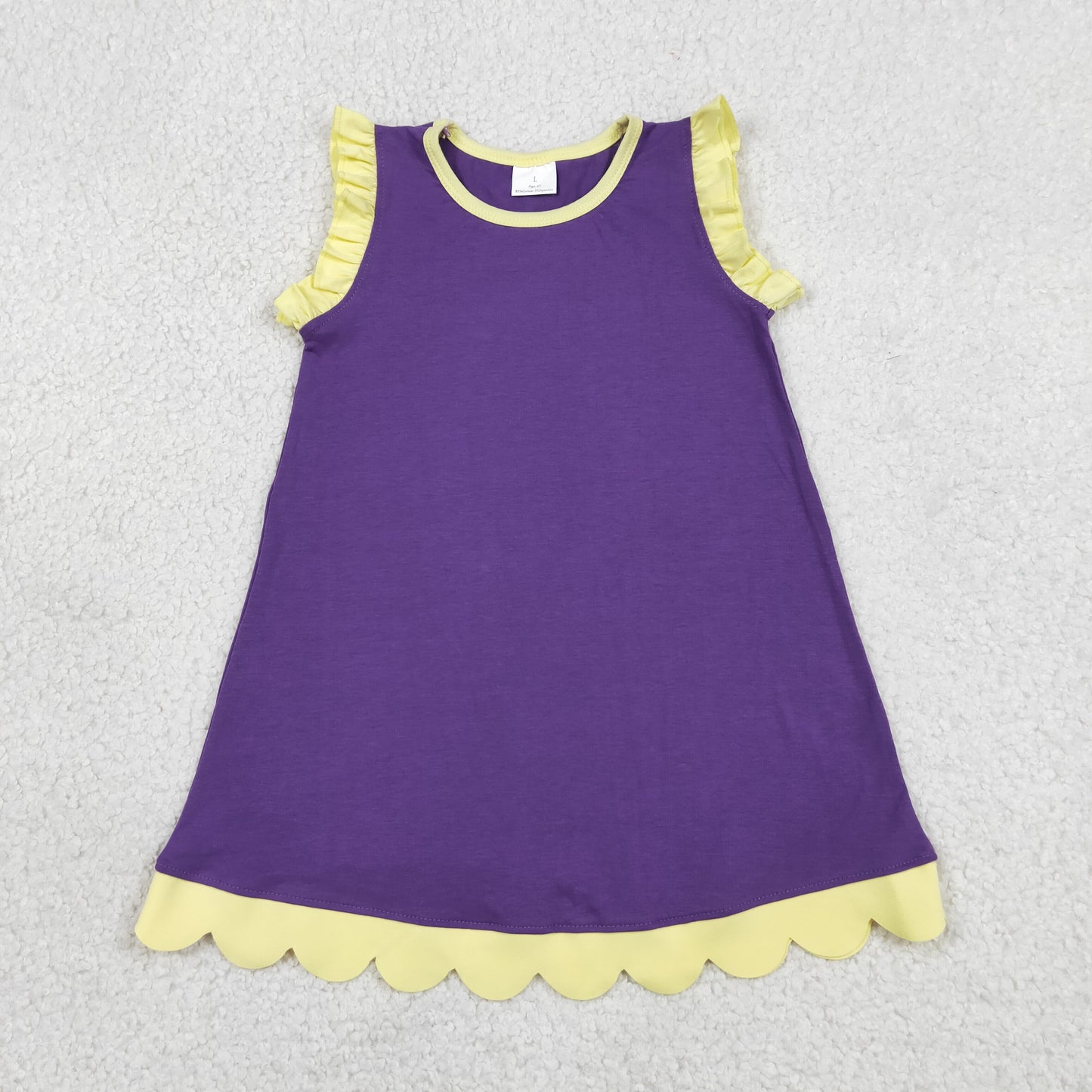 RTS NO MOQ cotton GSD4046 Baby Girls Purple Yellow Two Tone Scallop Edge Sleeveless Dress