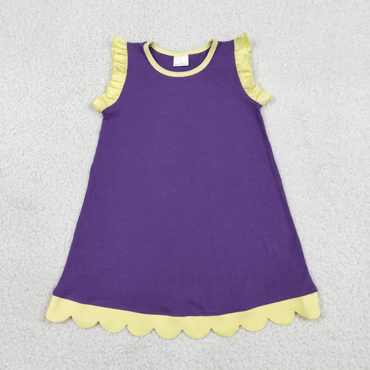 RTS NO MOQ cotton GSD4046 Baby Girls Purple Yellow Two Tone Scallop Edge Sleeveless Dress