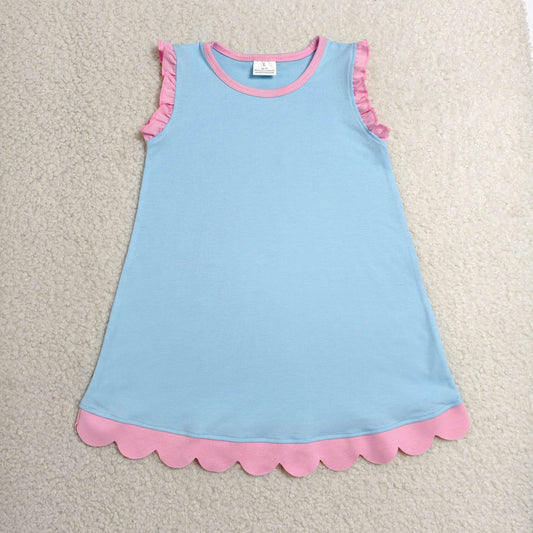RTS NO MOQ cotton GSD4048 Baby Girls Blue Sleeveless Scallop Knee-Length Dresses Summer Clothes