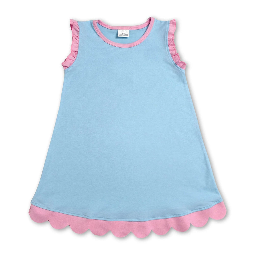 RTS NO MOQ Sibling cotton Baby Girls Pink Blue Sleeveless Vest And Scallop Hem Short Skirt Yoga Set Scallop Knee Length Dresses