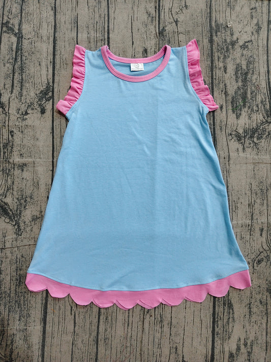 (Sample) No moq GSD4048 Baby Girls Blue Sleeveless Scallop Knee-Length Dresses Summer Girl's Clothes