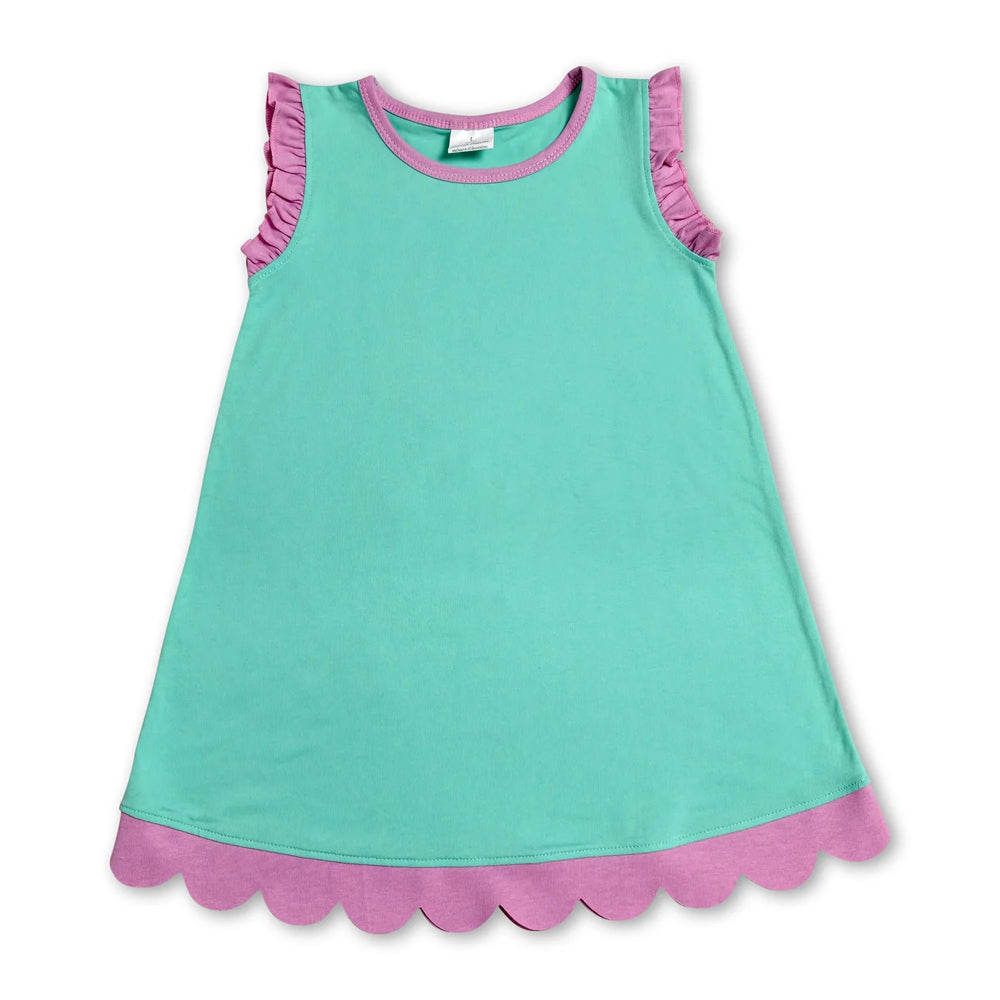 RTS NO MOQ Sibling cotton Baby Girls Pink Aqua Sleeveless Vest And Scallop Hem Short Skirt Yoga Set Scallop Knee Length Dresses