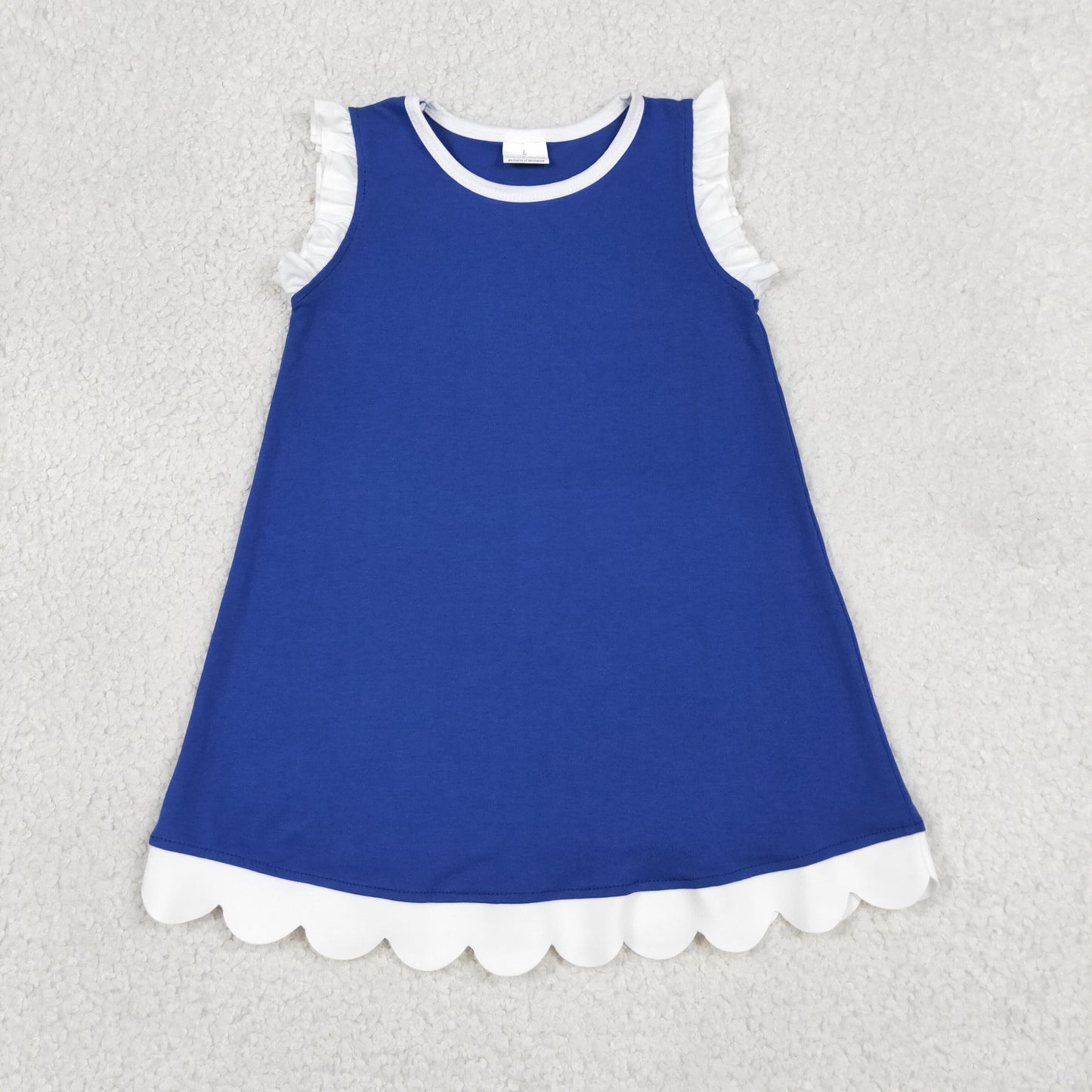 RTS NO MOQ cotton GSD4053 Baby Girls Blue White Scallop Sleeveless Knee Length Dress