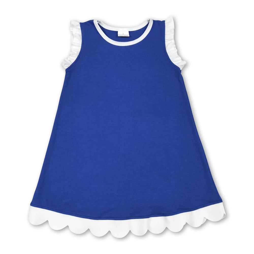 RTS NO MOQ Sibling yoga fabric cotton Baby Girls Blue White Contrast Trim Sleeveless Summer Outfit Skort Shorts Wrap And A Line Dress