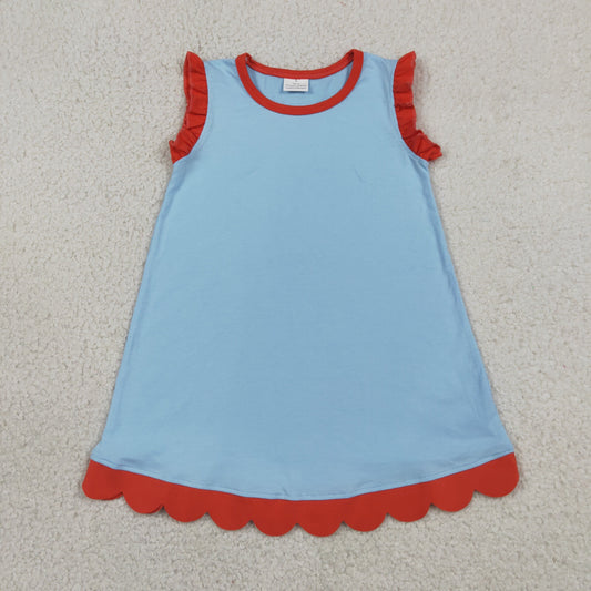 RTS NO MOQ cotton GSD4054 Baby Girls Blue Red Two Tone Sleeveless Dress With Scallop Edge