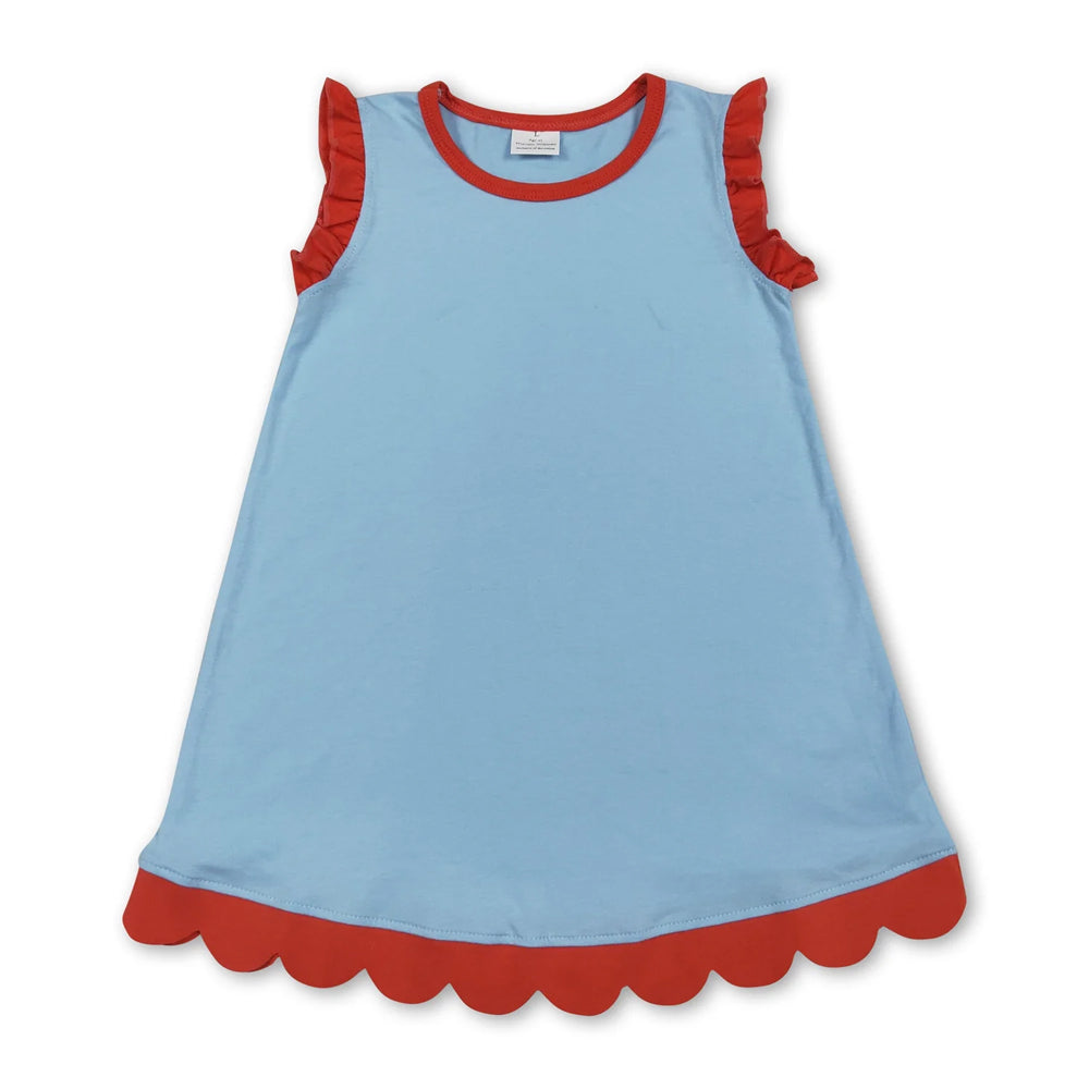 RTS NO MOQ Sibling cotton Baby Girls Blue Red Sleeveless Vest And Scallop Hem Short Skirt Yoga Set Scallop Knee Length Dresses