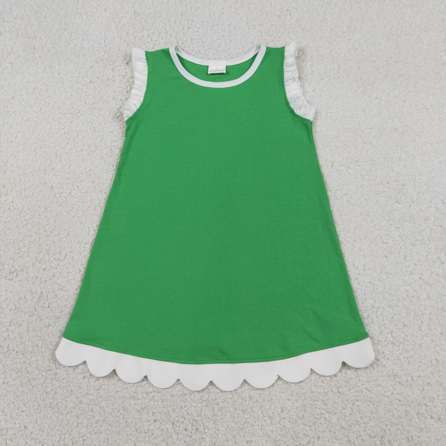 RTS NO MOQ cotton GSD4055 Baby Girls Green Sleeveless Scallop Trim Knee Length Dress