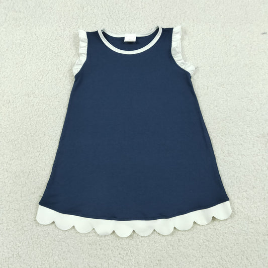RTS NO MOQ cotton GSD4056 Baby Girls Navy White Sleeveless Scallop Knee Length Dress