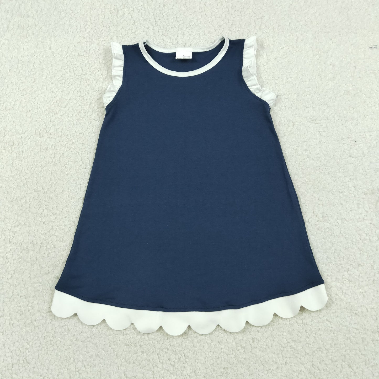 RTS NO MOQ cotton GSD4056 Baby Girls Sleeveless Navy Blue Scallop Knee-Length Dresses Summer Girl's Clothes