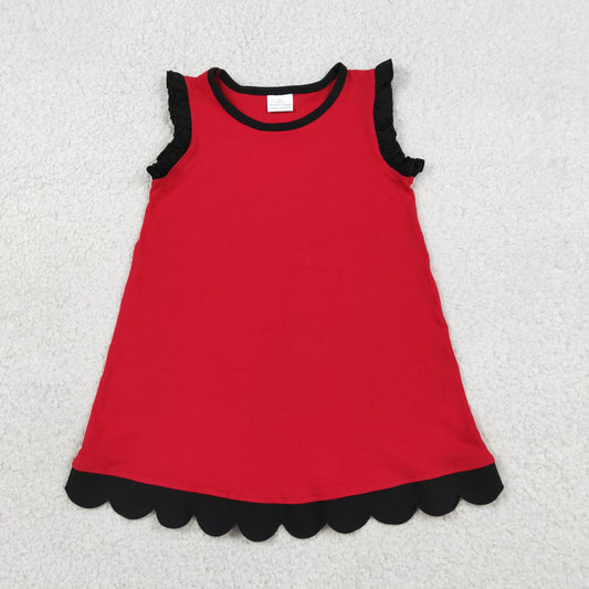 RTS NO MOQ cotton GSD4057 Baby Girls Black Red Two Tone Sleeveless Dress With Scallop Edge