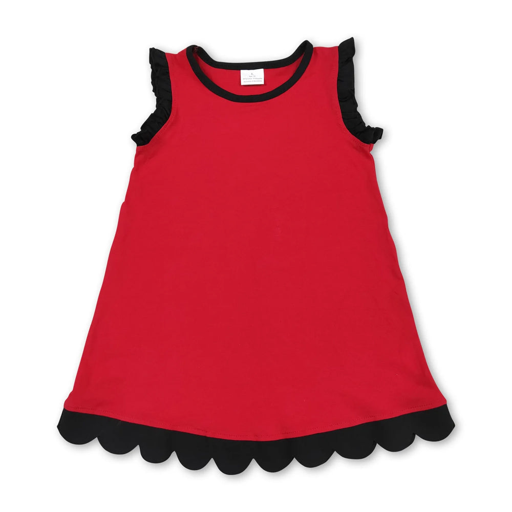 RTS NO MOQ Sibling yoga fabric cotton Baby Girls Red Black Contrast Trim Sleeveless Summer Outfit Skort Shorts Wrap And A Line Dress