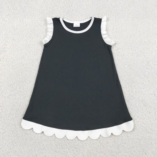 RTS NO MOQ cotton GSD4059 Baby Girls Black White Sleeveless Scallop Knee Length Dress
